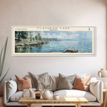 Carregar imagem no visualizador da galeria, Flathead Lake Montana Framed Canvas Print, Lake House Art, Panoramic Wall Art, Travel Poster, Captivating Lake Painting, Home Decor