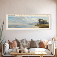 Carregar imagem no visualizador da galeria, Fort Peck Lake Montana Framed Canvas Print, Lake House Art, Panoramic Wall Art, Travel Poster, Serene Lake Painting, Home Decor