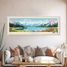 Load image into Gallery viewer, Amanka Lake Alaska Framed Canvas Print, Panoramic Wall Art, Midcentury Modern, Pop Art, Travel Poster, Living Room Art