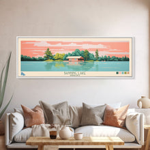 Load image into Gallery viewer, Banning Lake Indiana Framed Canvas Print, Panoramic Travel Poster, Midcentury Modern Wall Art, Pop Art, Bedroom Decor