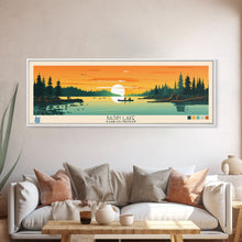 Load image into Gallery viewer, Basin Lake Saskatchewan Framed Canvas Print, Panoramic Wall Art, Midcentury Modern Lake House Decor, Pop Art, Travel Poster, Scenic Living Room Art