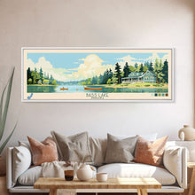 Load image into Gallery viewer, Bass Lake Indiana Framed Canvas Print, Panoramic Travel Poster, Midcentury Modern Wall Art, Pop Art, Nature Bedroom Decor, Lake House Art, Scenic Lake House