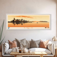 Load image into Gallery viewer, Big Spirit Lake Iowa Framed Canvas Print, Panoramic Wall Art, Midcentury Modern, Pop Art, Travel Poster, Scenic Lake House Art, Bedroom Decor