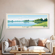 Load image into Gallery viewer, Black Hawk Lake Iowa Framed Canvas Print, Panoramic Travel Poster, Midcentury Modern Wall Art, Pop Art, Nature Bedroom Art, Scenic Lake House Decor
