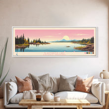 Load image into Gallery viewer, Blackwater Lake Northwest Territories Framed Canvas Print, Panoramic Wall Art, Midcentury Modern, Pop Art, Travel Poster, Scenic Living Room Art, Lake House Decor