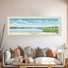 Cargar imagen en el visor de la galería, Carter Lake Nebraska Framed Canvas Print, Midcentury Modern Panoramic Wall Art, Living Room Decor, Pop Art, Travel Poster Art, Scenic Nature Painting, Lake House Decor