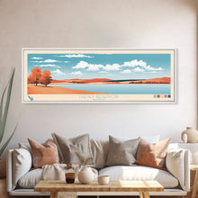 Load image into Gallery viewer, Cheney Reservoir Kansas Framed Canvas Print, Midcentury Modern Panoramic Wall Art, Living Room Decor, Pop Art, Travel Poster Art, Scenic Nature Painting, Lake House Decor
