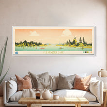Cargar imagen en el visor de la galería, Clearwater Lake Manitoba Framed Canvas Print, Midcentury Modern Panoramic Wall Art, Living Room Decor, Pop Art, Travel Poster Art, Scenic Nature Painting, Lake House Decor
