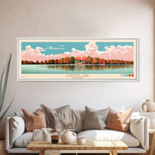 Load image into Gallery viewer, Clinton Lake Illinois Framed Canvas Print, Midcentury Modern Panoramic Wall Art, Living Room Decor, Pop Art, Travel Poster Art, Scenic Nature Painting, Lake House Decor