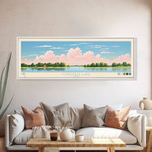Load image into Gallery viewer, Coralville Lake Iowa Framed Canvas Print, Midcentury Modern Panoramic Wall Art, Living Room Decor, Pop Art, Travel Poster Art, Scenic Nature Painting, Lake House Decor