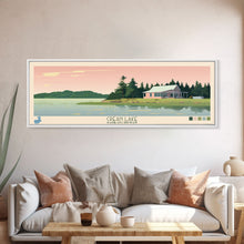 Load image into Gallery viewer, Crean Lake Saskatchewan Framed Canvas Print, Midcentury Modern Panoramic Wall Art, Living Room Decor, Pop Art, Travel Poster Art, Scenic Nature Painting, Lake House Decor