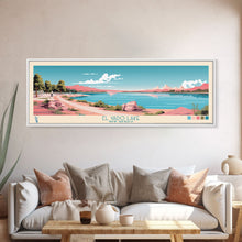 Load image into Gallery viewer, El Vado Lake New Mexico Framed Canvas Print, Panoramic Art, Midcentury Modern, Pop Art, Bedroom Decor, Travel Poster, Serene Lake Art
