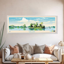 Load image into Gallery viewer, Enid Lake Mississippi Framed Canvas Print, Panoramic Art, Midcentury Modern, Pop Art, Living Room Decor, Travel Poster, Lake Painting