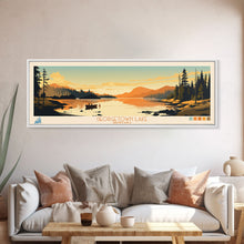 Load image into Gallery viewer, Georgetown Lake Montana Framed Canvas Print, Panoramic Wall Art, Midcentury Modern, Pop Art, Living Room Decor, Travel Poster, Nature Art, Lake House Art