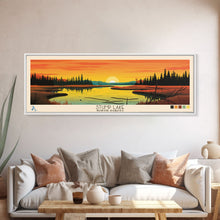 Load image into Gallery viewer, Stump Lake, North Dakota Framed Canvas Print, Lake House Art, Midcentury Modern Decor, Pop Art, Travel Poster, Living Room Wall Art