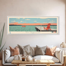 Load image into Gallery viewer, West Okoboji Lake, Iowa Panoramic Framed Canvas Print, Lake House Art, Midcentury Modern Decor, Pop Art, Travel Poster, Bedroom Wall Art