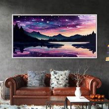 Load image into Gallery viewer, Beautiful lake at night canvas print, purple and pink sunset night sky, wall art canvas, lake front view, guest room wall art