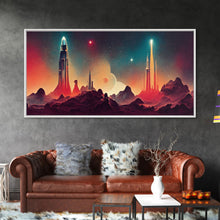 Load image into Gallery viewer, Art deco style space canvas print, space ship art, space art, outrun style, sci-fi themed art print, science fiction wall art