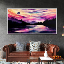 Load image into Gallery viewer, Beautiful lake at night canvas print, purple and pink sunset night sky, wall art canvas, lake front view, guest room, surreal Lakehouse Art