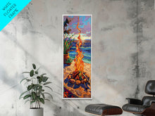 Carregar imagem no visualizador da galeria, Abstract Canvas Painting of Campfire on Beach, Beachy Wall Art, Tall and Narrow Vertical Wall Art, Canvas Painting Printed and Framed