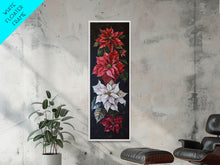 Cargar imagen en el visor de la galería, Colorful Botanical Poinsettia Canvas Art Printed and Framed, Vertical Tall and Narrow Floral Art Print, Modern Wall Art, Housewarming Gift