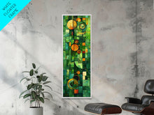 Carregar imagem no visualizador da galeria, Geometric Abstract Art in Green and Yellow Tones - Framed Canvas Print, Midcentury Modern Art, Skinny Art, Tall Art, Living Room Wall Decor, Boho Art