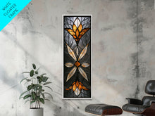 Load image into Gallery viewer, Amber and White Stained Glass Floral Design - Framed Canvas Print, Midcentury Modern Art, Skinny Art, Tall Art, Living Room Wall Decor, Boho Art