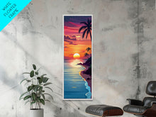 Cargar imagen en el visor de la galería, Coastal Sunset Palm Trees Midcentury Modern Art - Framed Canvas Print, Boho Art, Skinny Art, Living Room Art, Bedroom Decor, Tropical Landscape