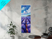 Carregar imagem no visualizador da galeria, Expansive Lavender Fields Under a Bright Sky, Skinny and Tall Art, Bold Framed Canvas Print, Landscape Wall Art
