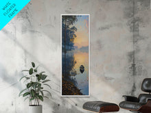 Carregar imagem no visualizador da galeria, Calm River Reflection with a Lone Boat, Skinny and Tall Art, Serene Landscape Framed Canvas Print, Tranquil Wall Art