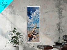 Carregar imagem no visualizador da galeria, Framed Canvas Print Tall Art Featuring a Piece of Driftwood on a Sandy Beach with Bright Blue Sky and Ocean Waves, Ideal Skinny Art for Coastal Homes