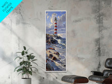 Carregar imagem no visualizador da galeria, Framed Canvas Print Skinny Art of a Majestic Lighthouse Standing Tall Against a Bright Blue Sky with Waves Crashing on Rocky Shores, Perfect Tall Art