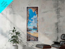 Carregar imagem no visualizador da galeria, Framed Canvas Print Skinny Art of a Sunlit Beach Scene Framed by Rocky Cliffs, Overlooking a Crystal Blue Sea Under a Clear Sky, Perfect Tall Coastal Art