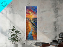 Carregar imagem no visualizador da galeria, Framed Canvas Print Skinny Art of a Vibrant Sunset Over a Rolling Ocean with Dramatic Colors in the Sky and Water, Ideal Tall Art for Modern Spaces
