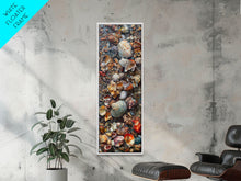 Carregar imagem no visualizador da galeria, Framed Canvas Print Skinny Art of a Variety of Colorful Seashells Arranged in a Textured Pattern, Perfect Tall Art for Beach Themed Rooms
