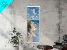 Carregar imagem no visualizador da galeria, Framed Canvas Print Skinny Art of a Peaceful Beach Scene with Sea Oats Blowing in the Wind and Gentle Waves in the Background, Perfect Tall Art for Homes