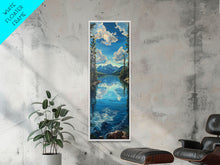 Carregar imagem no visualizador da galeria, Framed Canvas Print Skinny Art of a Clear Lake Surrounded by Pine Trees with Majestic Mountains in the Distance Under a Blue Sky, Ideal Tall Landscape Art