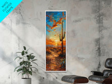 Load image into Gallery viewer, Arizona Desert Landscape with Saguaro Cactus at Sunset on a Framed Canvas Print Skinny Art Piece