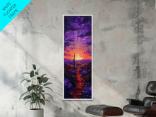 Cargar imagen en el visor de la galería, Colorful Sunset Over a Desert Landscape with a Saguaro Cactus and Dramatic Sky on a Framed Canvas Print Skinny Art Piece