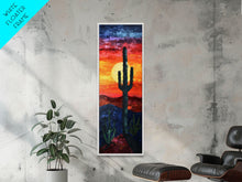 Load image into Gallery viewer, Desert Landscape with Saguaro Cactus Silhouette Against a Fiery Sunset on a Framed Canvas Print Skinny Art Piece