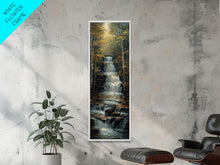 Load image into Gallery viewer, Beautiful Stream Cascading Waterfalls In The Forest at Golden Hour, Framed Canvas Print, Boho Style Landscape Painting Print