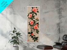 Carregar imagem no visualizador da galeria, Framed Canvas Print Of Japanese Floral Art With Camellia Blossoms And Detailed Leaves Ready To Hang Traditional Japanese Wall Art Decor