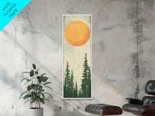 Carregar imagem no visualizador da galeria, Abstract Sun Over Forest Silhouette Earth Tones Skinny Art Tall Art Framed Canvas Print Japanese Style Art Ukiyo-e Art Wood Block Print Minimalist
