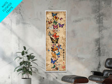 Carregar imagem no visualizador da galeria, Butterflies In Spiral Formation On Light Brown Canvas Tall Art Skinny Art Framed Canvas Print Japanese Style Art Ukiyo-e Wood Block Print