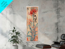 Load image into Gallery viewer, Bird Perched On Bright Red Lily Flower Skinny Art Tall Art Framed Canvas Print Japanese Style Art Ukiyo-e Art Wood Block Print Floral Detailed