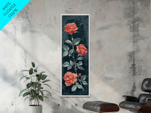 Load image into Gallery viewer, Deep Red Roses With Dark Green Foliage Skinny Art Tall Art Framed Canvas Print Japanese Style Art Ukiyo-e Art Wood Block Print Elegant Floral