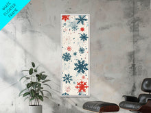 Cargar imagen en el visor de la galería, Festive Snowflakes In Red, Blue, And White On A Cream Background, Skinny Art Tall Wall Art Framed Canvas Print Japanese Style Art