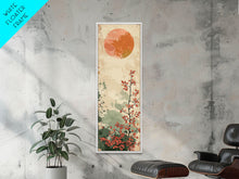 Carregar imagem no visualizador da galeria, Abstract Sun Over Branch With Red Leaves Framed Canvas Print Ukiyo-e Wall Art Tall Art Wood Block Print Skinny Art Japanese Style