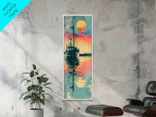 Carregar imagem no visualizador da galeria, Fishing Boat Reflecting in Water with Vibrant Sunset, Japanese Art-Inspired Tall Framed Canvas Print for Wall Art