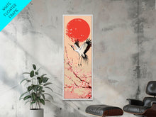 Load image into Gallery viewer, Elegant Crane Bird In Mid-flight Against Bold Red Sun Ukiyo-e Tall Skinny Wood Block Framed Canvas Print Japanese Style Art
